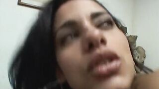 Spanish skank gets all holes banged and drinks cum from glass