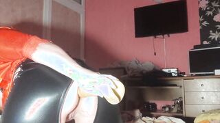 Rough anal and squirt into rubber and high heels