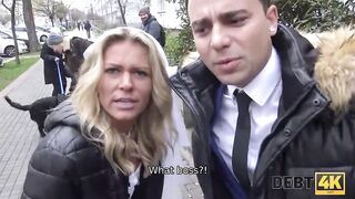 DEBT4k. Slutty young wifey cheats on hubby for money inside front of him