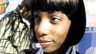 Dark skin bimbo with natural melons blows ebony hunk's tool on