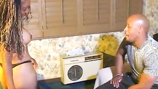 Shaved ebony stud fucks Cutie black ho indoors