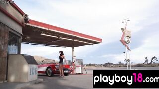 Huge boobed Crystal Mccahill stripping at an abandoned gas station