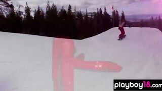 Huge boobed badass babes enjoys naked boarding on a snowy