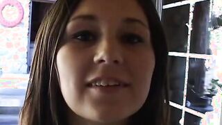 Adorable dark haired moans while stud pounds her booty on the sofa