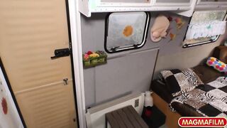 Blonde slag eating shaft inside the van
