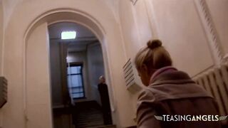 Adorable blonde masturbates before sucking off her bf