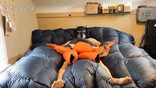 Humping Huge Orange Parka On Puffy Bed Of Down