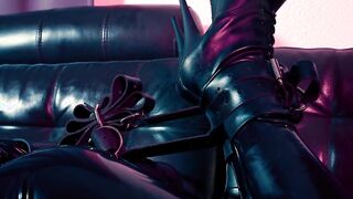 Pvc sub pleasing hogtied on the couch