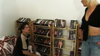 Tall blonde mom deep throats a stiff penis and gets poked