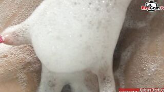 Bushy Teens with natural melons mastubarting into the Bathtub