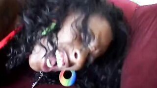 Ebony hoe sticks long vibrator into girlfriend’s vagina