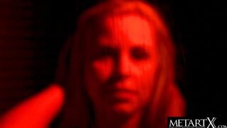 Perfect blonde squeezes her huge natural boobs as she masturbates