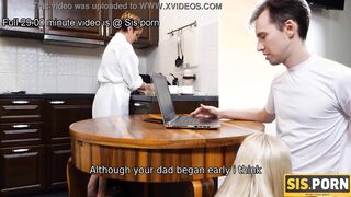 SISPORN. Freaky dude stretches adorable stepsister behind stepmothers back