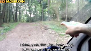 Hitchhiker plows a happy whore anally inside the back of a van