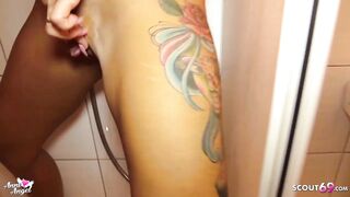 German Lover First Lesbo Strap-On Pounded and Peeing Shower