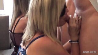 Blindfolded amateur MILFs blowing fat cocks inside group group sex