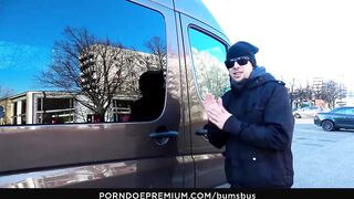 BUMS BUS - Big Tit blonde Dana Jayn eats cum inside