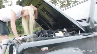Sweet blonde tries to fix the vehicle but gets banged instead