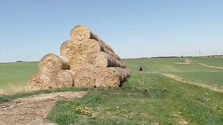 Young cunt with mouth plowed by mature farmer for smoking on a haystack