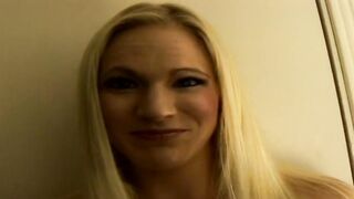 Young blonde bimbo shows us her bald snatch and blows penis