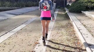 Curvy inside ripped stockings walking and performance her butt outside