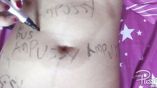 oriental 18 yo sluts writes AMPUSSY on her nude body