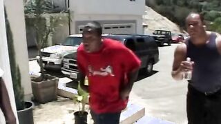 Dark Haired whore is boned rough by 4 long african cocks