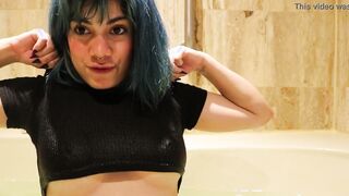 Perverted otaku sucking off and masturbating a toy inside the bathtub