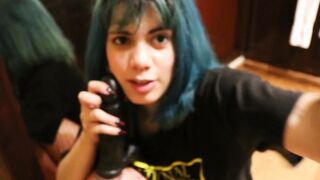 Perverted otaku sucking off and masturbating a toy inside the bathtub