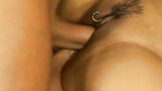 Hoe inside striped tights takes 2 dicks into the living room