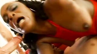 Ebony broad gets her booty and twat stuffed with 2 dicks