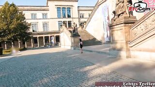 Chubby ebony haired Mom with tiny melons outdoors pick up