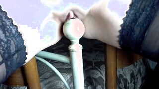 Vulgar bimbo fucks the bed knob inside her cunt and butt INTENSE