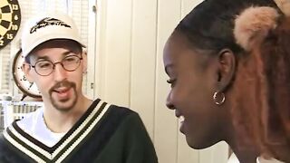 Chocolate skin Hottie gets hardcore 3 way with 2 white cocks
