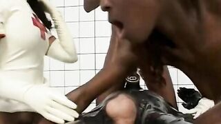 Bro with only his tool exposed gets plowed by 4 nurses