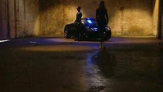 Blonde vixen inside rubber gets rough pounding inside a vehicle park