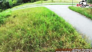 Tattooed german blonde fucks outdoor inside a park during a