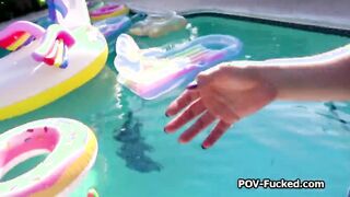 Fucking broke busty Asian teen poolside