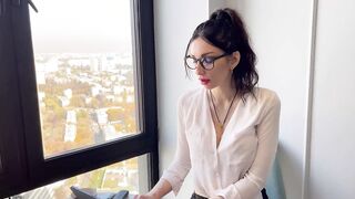 Vulgar secretary blows on the restaurant's table