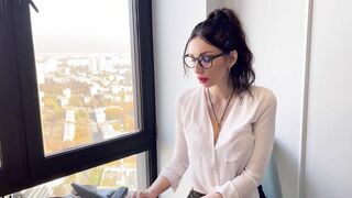 Turned On secretary blows on the restaurant's tab
