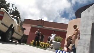 Dick blowing skank gets all holes filled with cock outside