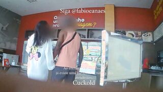 Horn challenge! Shy hotwife entering the cafe with african man
