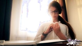 Passionate secretary with beautiful boobs uses her toy inside reception