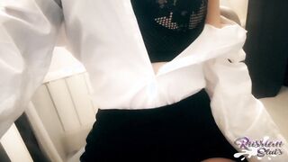 Passionate secretary with beautiful boobs uses her toy inside reception