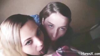 fellatio into three-way blonde and dark haired