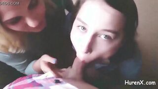 fellatio into three-way blonde and dark haired
