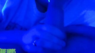 Neon lips head denied cum inside mouth