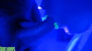 Neon lips head denied cum inside mouth