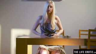 Good blonde plays with her huge natural breasts and unshaved
