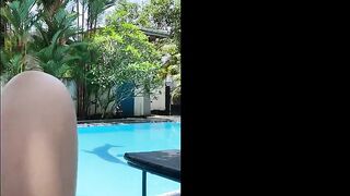 Outside risky sex into a outside pool into view-through bikini at the weekend